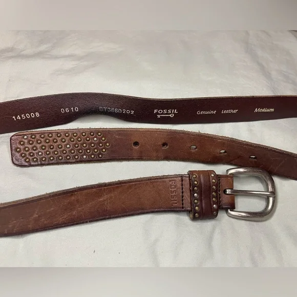 Fossil Brown Leather Studded Belt Silver Buckle Sz M - Picture 3 of 7